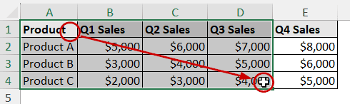 selecting adjacent columns partially