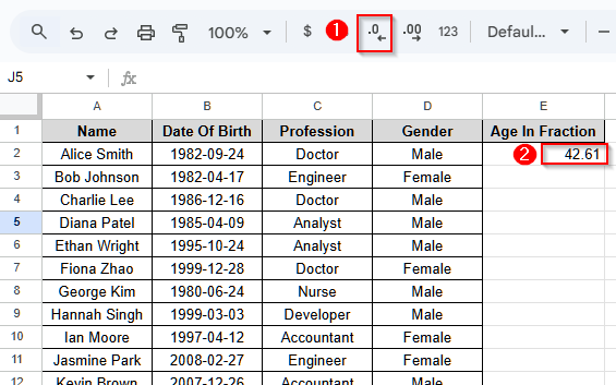 Calculate Age from Date of Birth Using the YEARFRAC Function in Google Sheets - 2