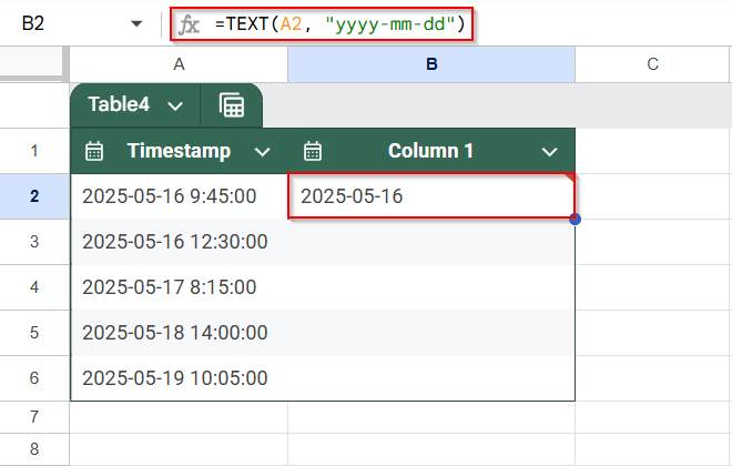Convert Timestamp to Date Format Using TEXT Function in Google Sheets