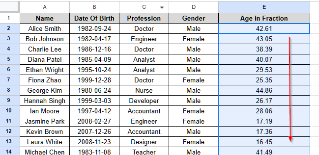 Calculate Age from Date of Birth Using the YEARFRAC Function in Google Sheets - 3