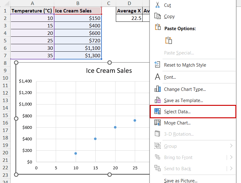 selecting data for the scatter chart