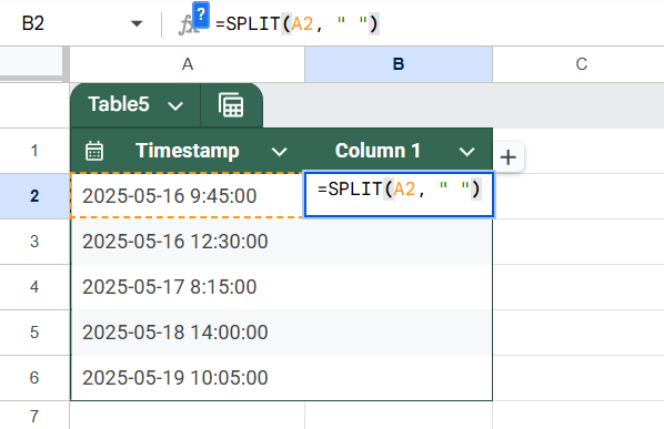 Separate Date and Time in Timestamps by Using the SPLIT Function in Google Sheets