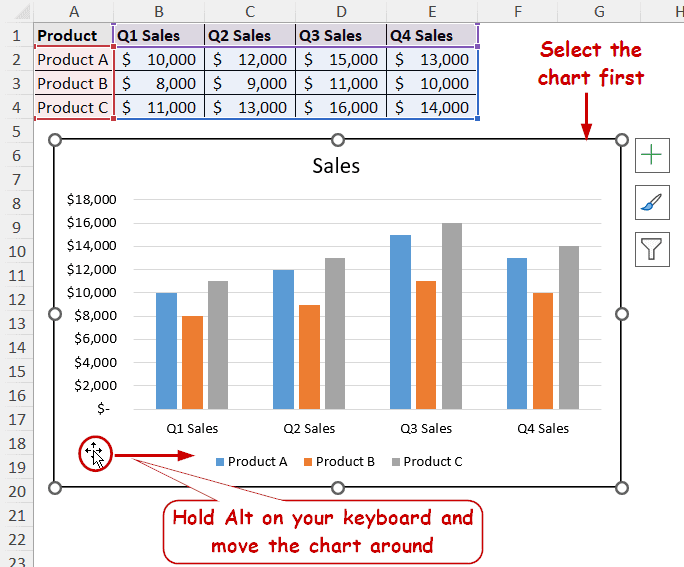 holding the alt button to move the chart aligning to a cell