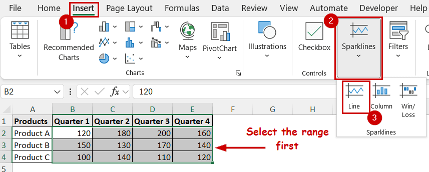 selecting line sparklines from ribbon