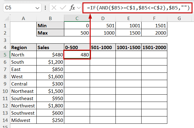separating values using IF and AND functions