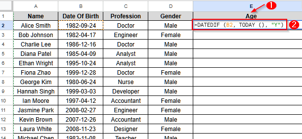 Calculate Age from Date of Birth Using DATEDIF Function in Google Sheets - 2