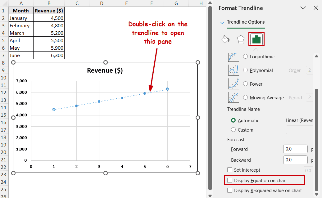 equation display option in format trendline pane