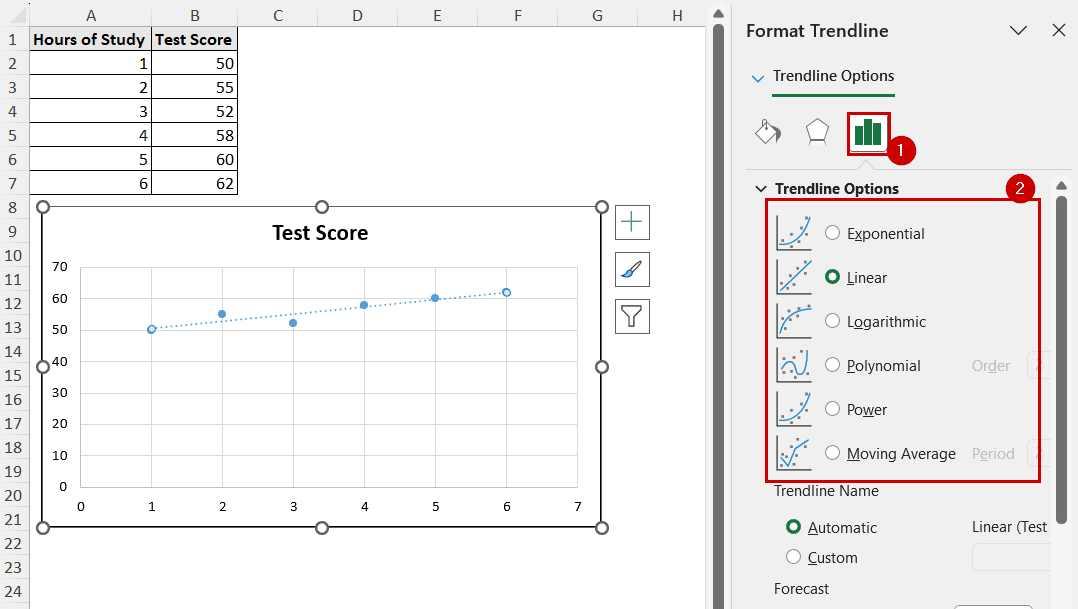 selecting trendline type from the format trendline pane