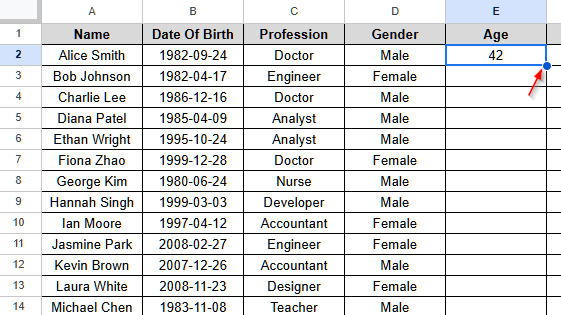 Calculate Age from Date of Birth Using DATEDIF Function in Google Sheets - 3