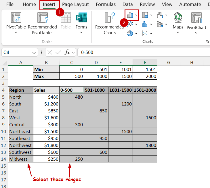 inserting column chart for newly created ranges