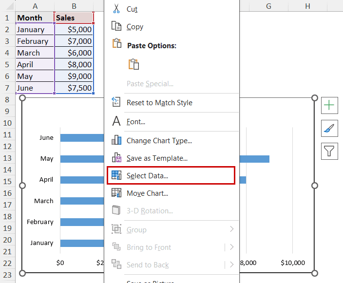 select data option in the context menu
