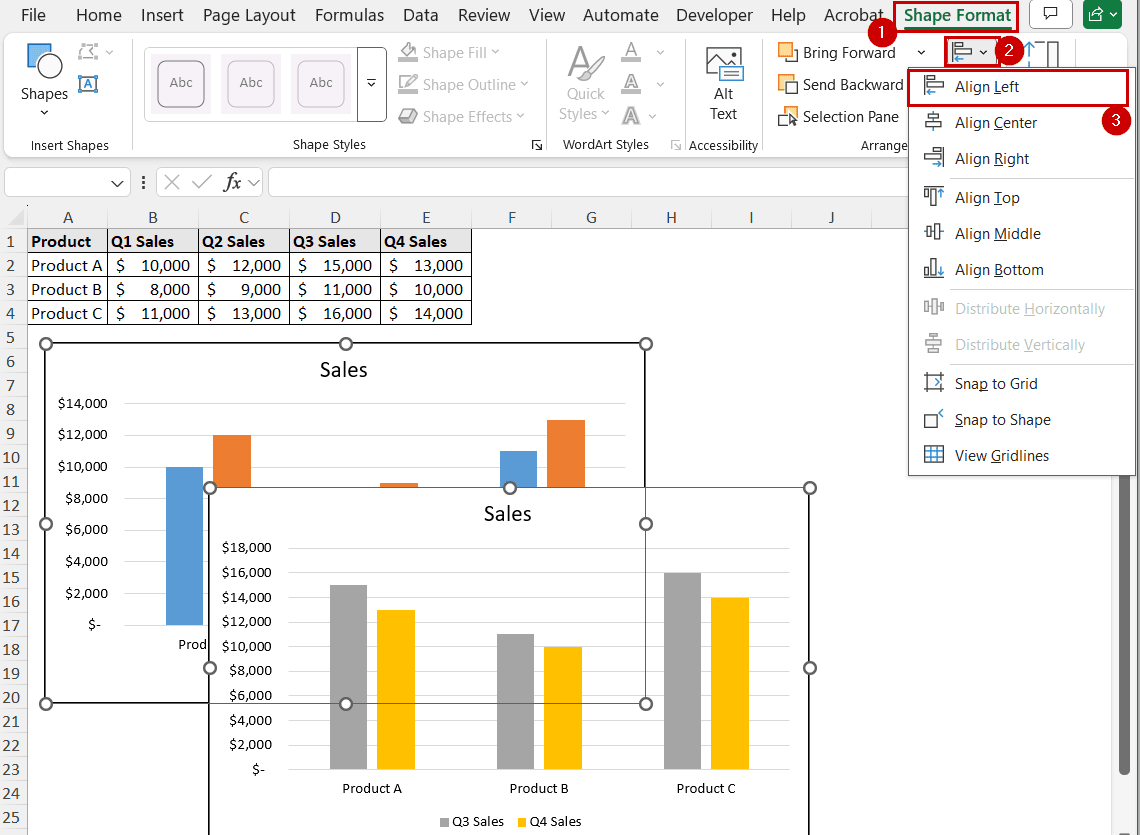 align left option to left align multiple charts in excel