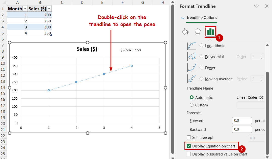 checking options to display trendline equation on chart