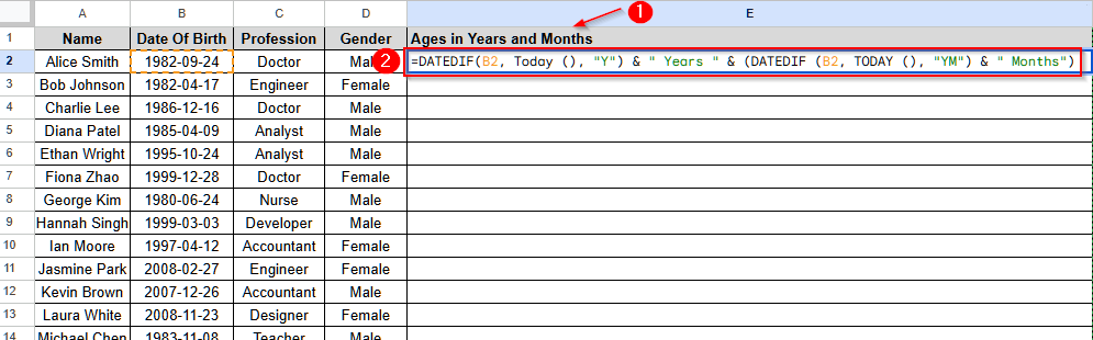 Calculate Age from Date of Birth Using DATEDIF Function in Google Sheets - 5