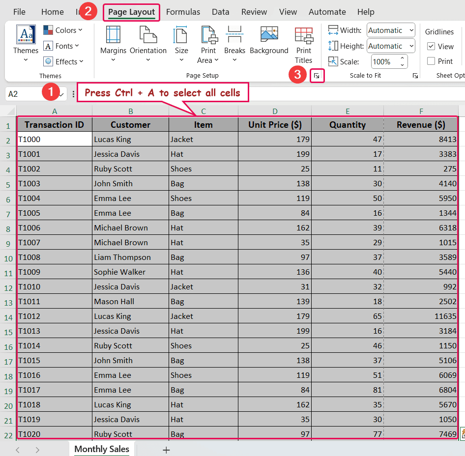 Page layout tab to open page setup window