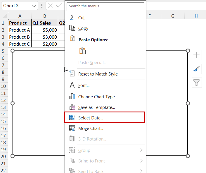select data source in the context menu