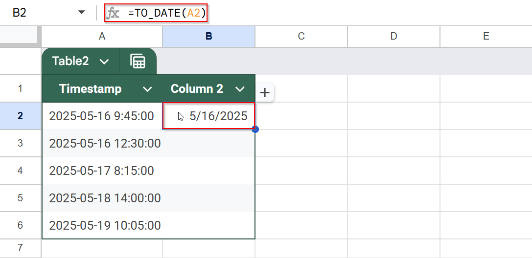 Apply the TO_DATE Function to Convert Timestamps to Dates in Google Sheets
