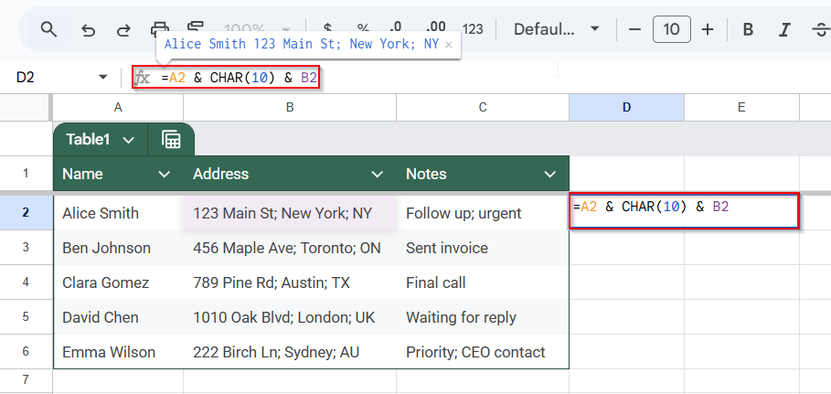 Combine Cell Values with Line Breaks Using CHAR(10) Function in Google Sheets