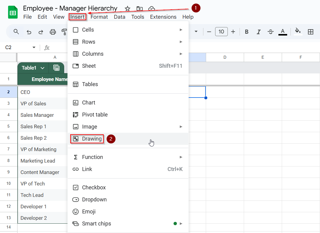 Build an Organizational Chart Using Google Drawings in Sheets