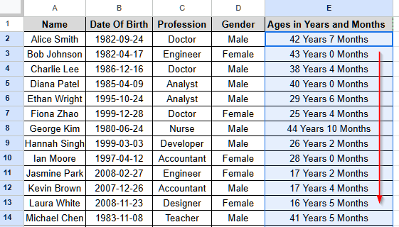 Calculate Age from Date of Birth Using DATEDIF Function in Google Sheets - 6
