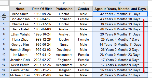 Calculate Age from Date of Birth Using DATEDIF Function in Google Sheets - 8