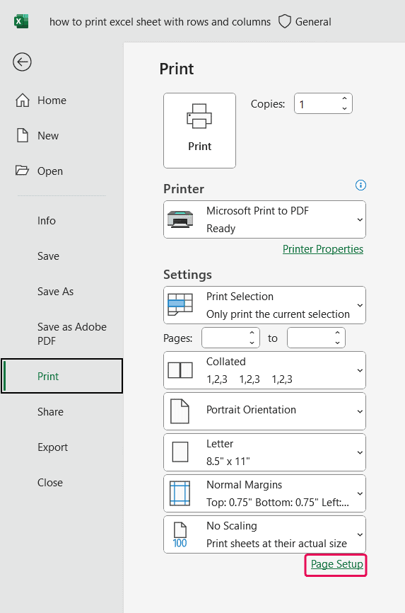 Opening Page Setup pressing Ctrl + P