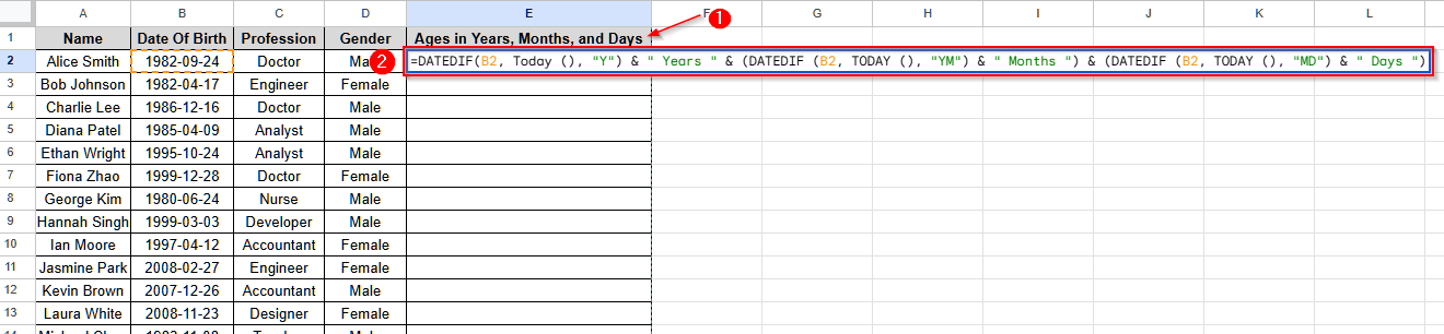Calculate Age from Date of Birth Using DATEDIF Function in Google Sheets - 7