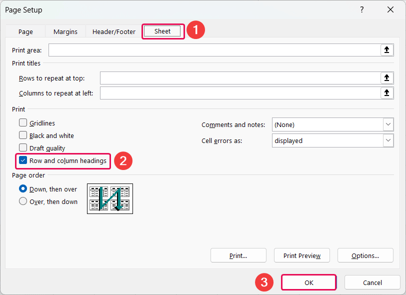 Page Setup window to print Excel sheet with rows and columns