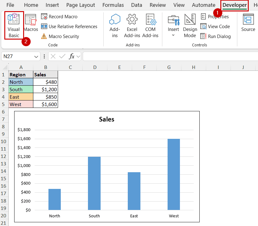 selecting visual basic from the developer tab