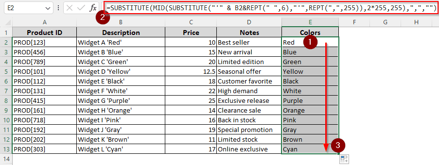 Using SUBSTITUTE-MID-REPT Functions