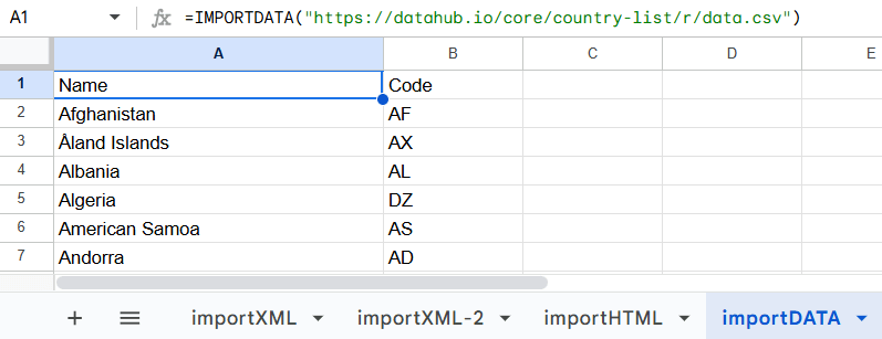 Import Data from a CSV or TSV File Using IMPORTDATA