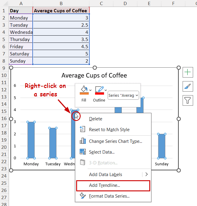 selecting add trendline option from context menu
