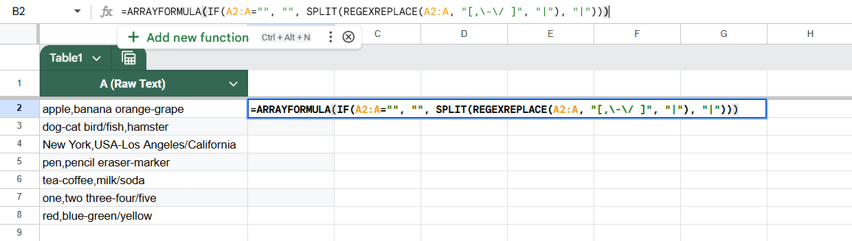 REGEX and ARRAYFORMULA Functions to Split Text in Bulk in Google Sheets