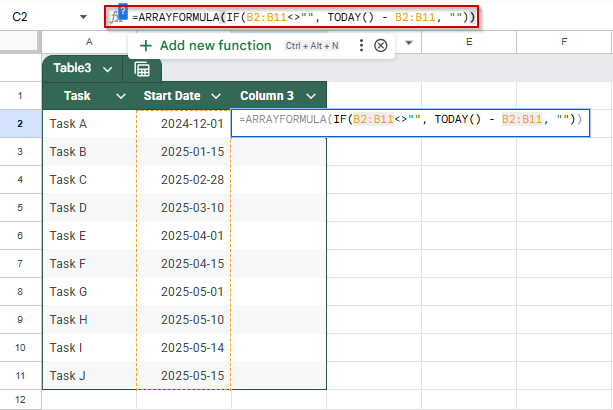 Count Days Since Each Date Using the ARRAYFORMULA Function in Google Sheets