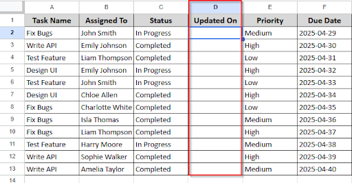 creating " updated on" column in column D