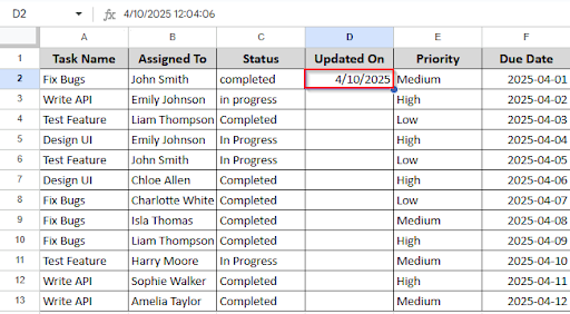 showing the date in cell D2