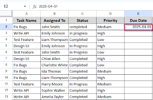 writing date on cell E2