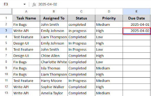 writing date on cell E3