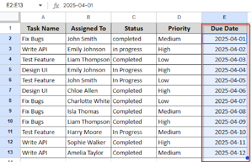 dragging to autofill the column E in the same date pattern