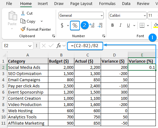 budget vs actual variance percentage formula in Excel