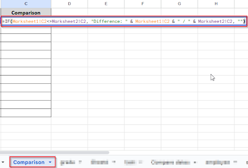 writing formula in comparison sheet