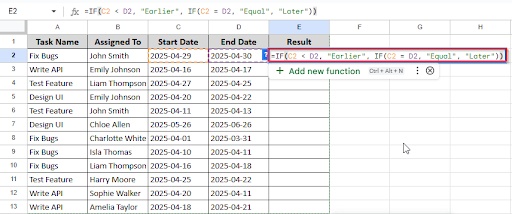 writing formula in cell E2 to compare dates