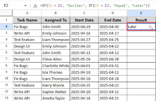 showing result in cell E2