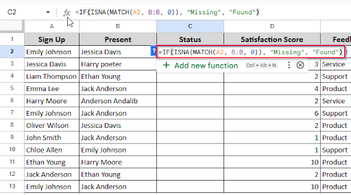 writing formula on cell C2 to compare data