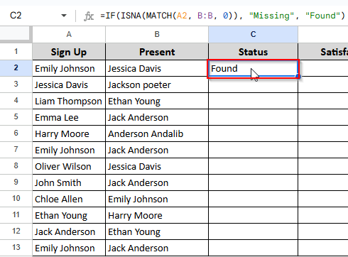 comparison result on cell C2