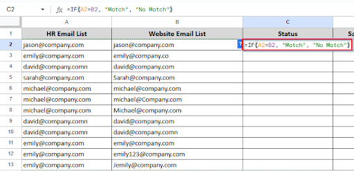 writing formula to compare two columns