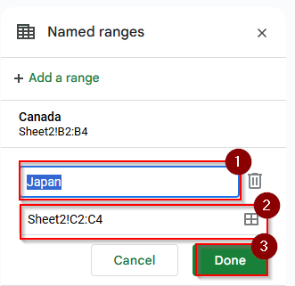 select the range and name the range japan