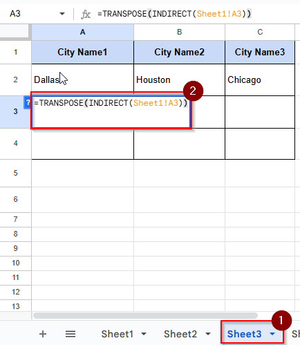 writing formula on cell A3 to see the city names of canada