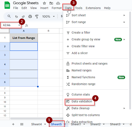 clicking data and data validation in sheet 5