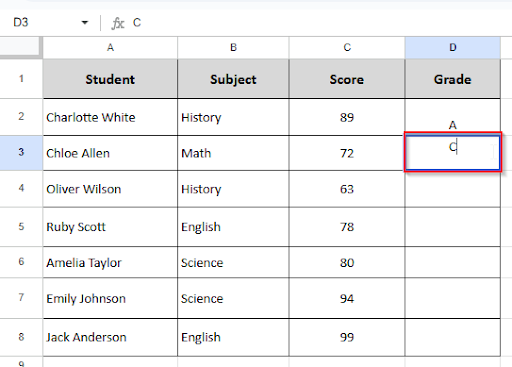 entering the input in cell D2